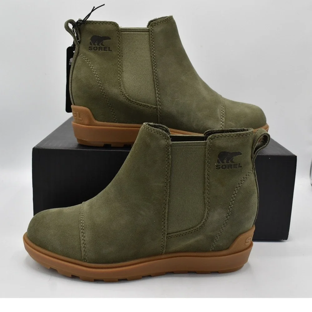 Sorel Women Size 7.5 Evie II Stone Green Suede Waterproof Chelsea Boots Shoes